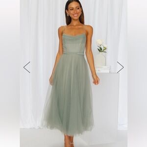 Tulle midi dress. Color is “sea salt” (a gray blue color)